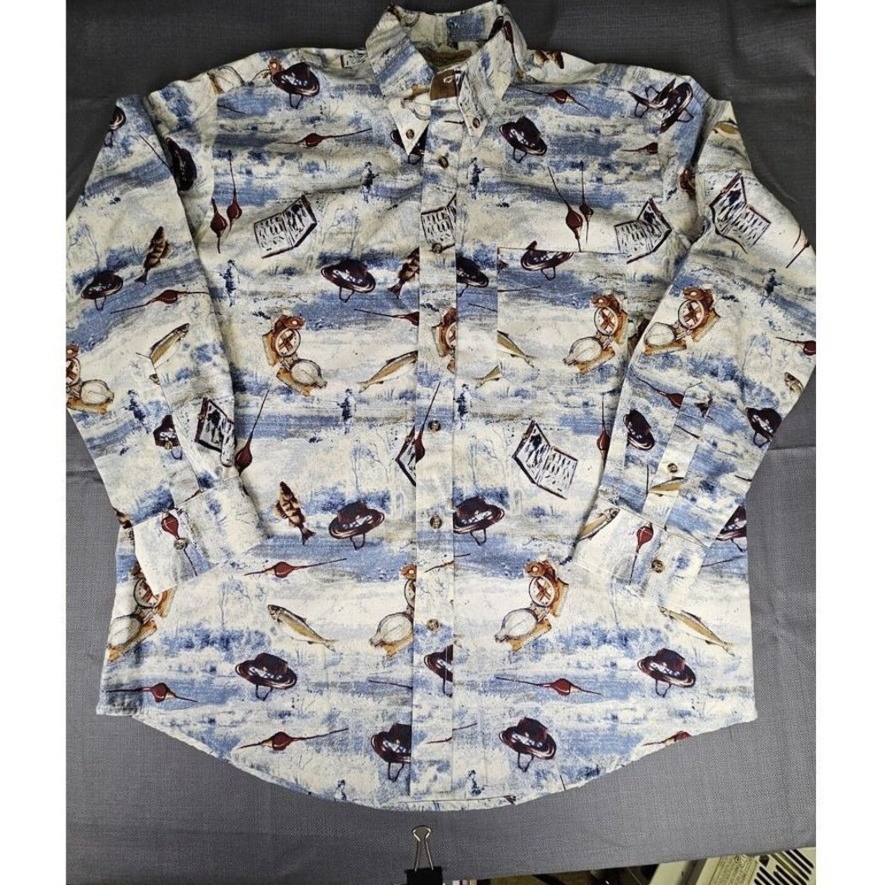 Munsingwear Mens Fishing Scene Button Down‎ Shirt Long Sleeve Blue Tan  XXL